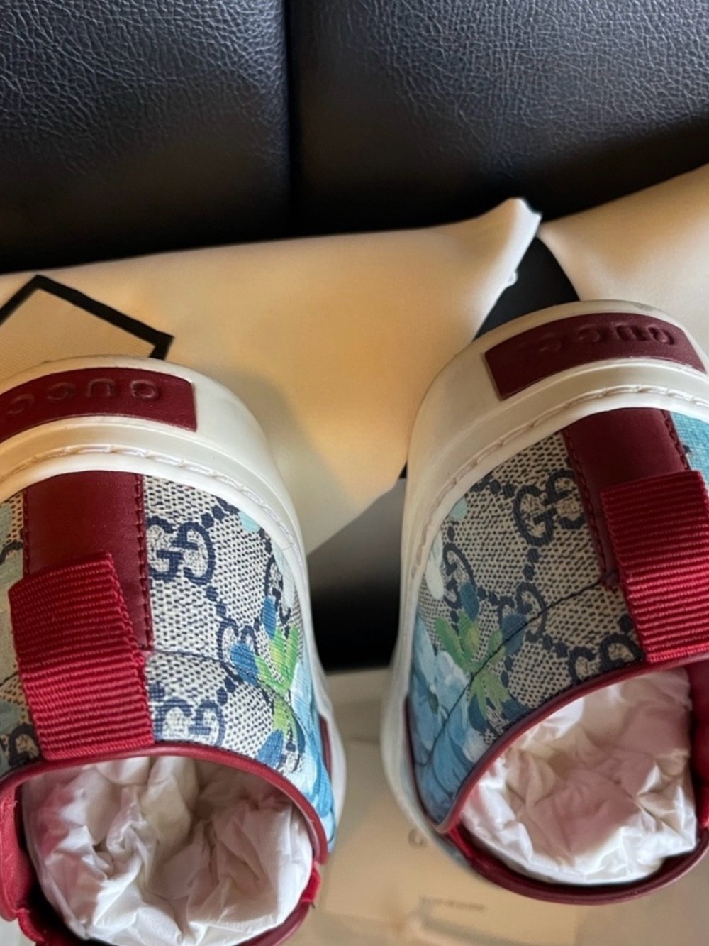 Gucci Blue Floral GG Canvas Slip-On Sneakers with Red Trim - Picture 6 of 9